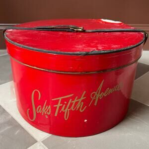 Vintage 1950s Saks Fifth Avenue Hat Box Red Travel Hat Case Leather Strap Decor